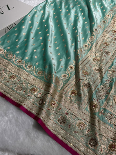 Banarasi Satin Katan Saree With Aari Zardozi Work Boota in Sky Blue Shades BSK12