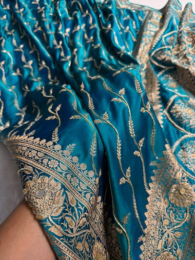 Banarasi Satin Katan Saree With Ari & Zardozi Work Cross Pattern in Bridal Peacock Green  Shades BSK37