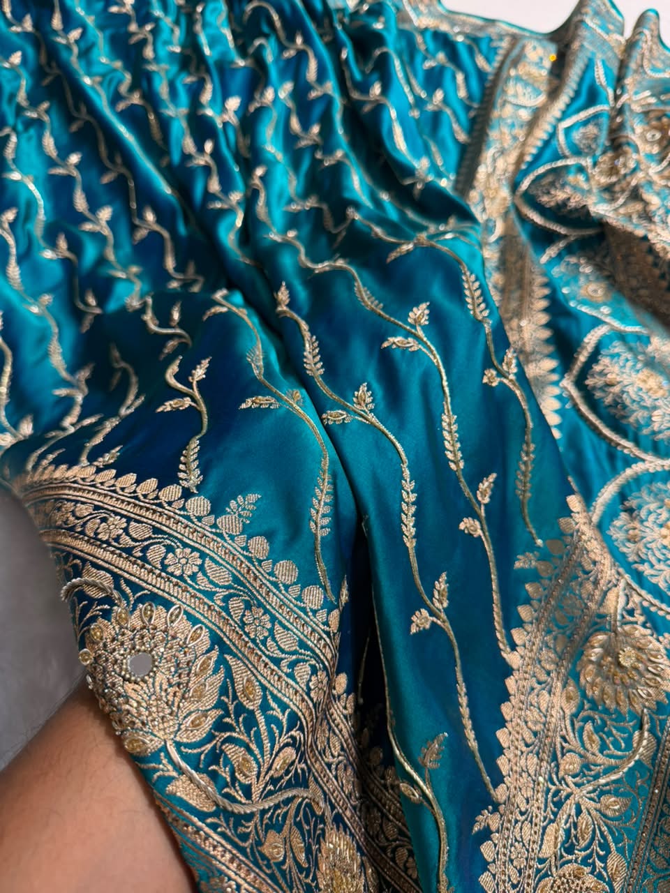 Banarasi Satin Katan Saree With Ari & Zardozi Work Cross Pattern in Bridal Peacock Green  Shades BSK37