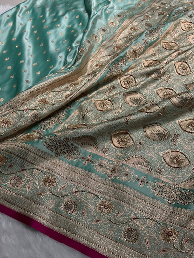 Banarasi Satin Katan Saree With Aari Zardozi Work Boota in Sky Blue Shades BSK12