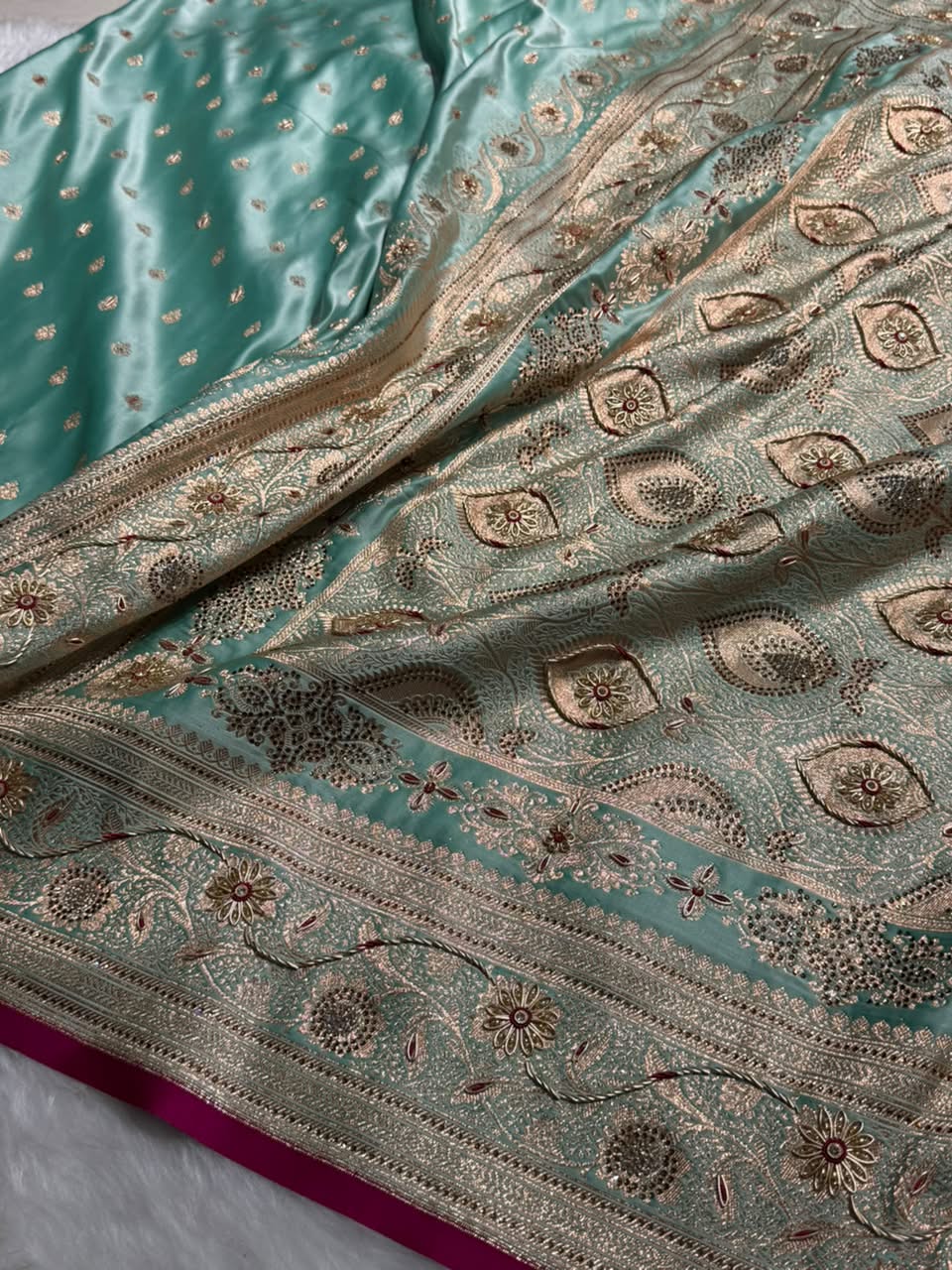 Banarasi Satin Katan Saree With Aari Zardozi Work Boota in Sky Blue Shades BSK12