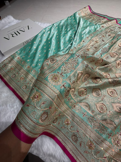 Banarasi Satin Katan Saree With Aari Zardozi Work Boota in Sky Blue Shades BSK12