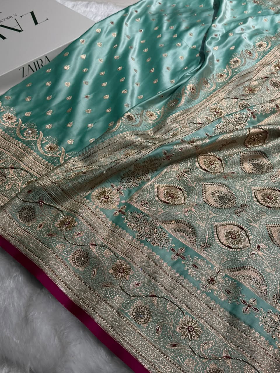 Banarasi Satin Katan Saree With Aari Zardozi Work Boota in Sky Blue Shades BSK12