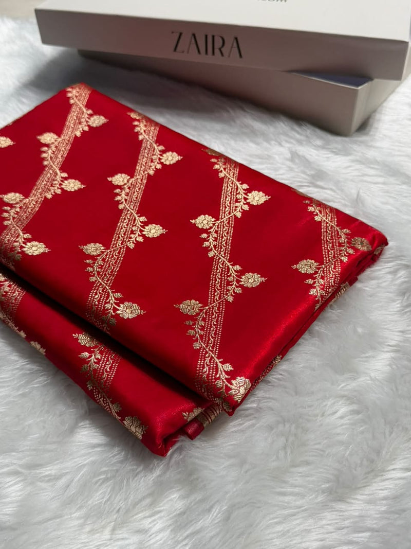 Red Shades Cross Pattern Banarasi Satin Silk Saree SS50