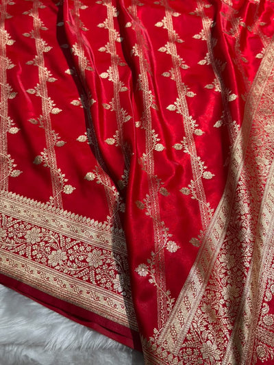 Red Shades Cross Pattern Banarasi Satin Silk Saree SS50