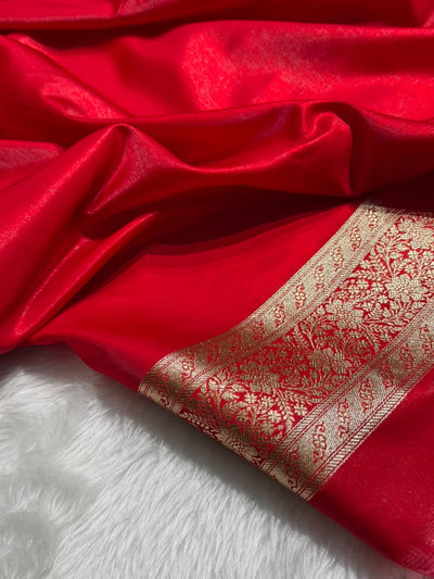Red Shades Cross Pattern Banarasi Satin Silk Saree SS50