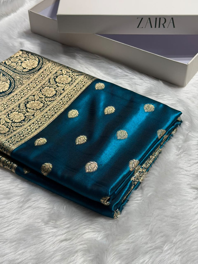 German Blue  Shades Boota Pattern Banarasi Satin Silk Saree SS45