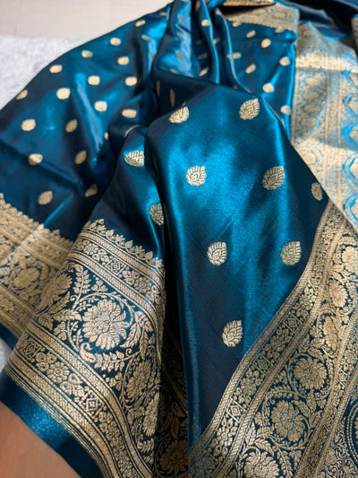 German Blue  Shades Boota Pattern Banarasi Satin Silk Saree SS45