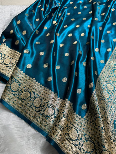 German Blue  Shades Boota Pattern Banarasi Satin Silk Saree SS45