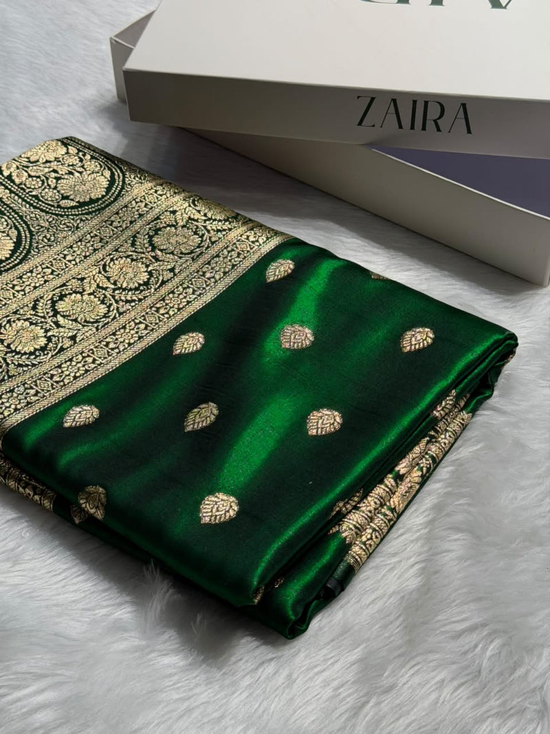 Bottle Green Shades Boota Pattern Banarasi Satin Silk Saree SS45