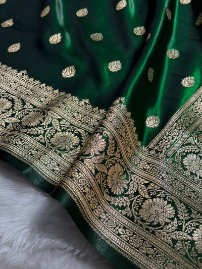 Bottle Green Shades Boota Pattern Banarasi Satin Silk Saree SS45