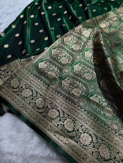 Bottle Green Shades Boota Pattern Banarasi Satin Silk Saree SS45