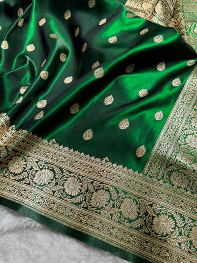 Bottle Green Shades Boota Pattern Banarasi Satin Silk Saree SS45