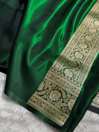 Bottle Green Shades Boota Pattern Banarasi Satin Silk Saree SS45