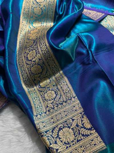 Peacock Shades Boota Pattern Banarasi Satin Silk Saree SS45