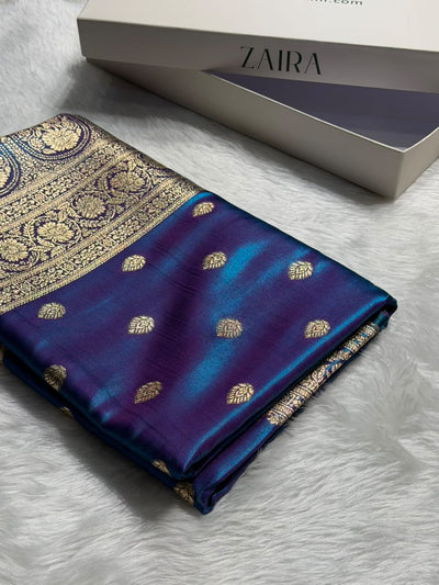 Cross Peacock Shades Boota Pattern Banarasi Satin Silk Saree SS45