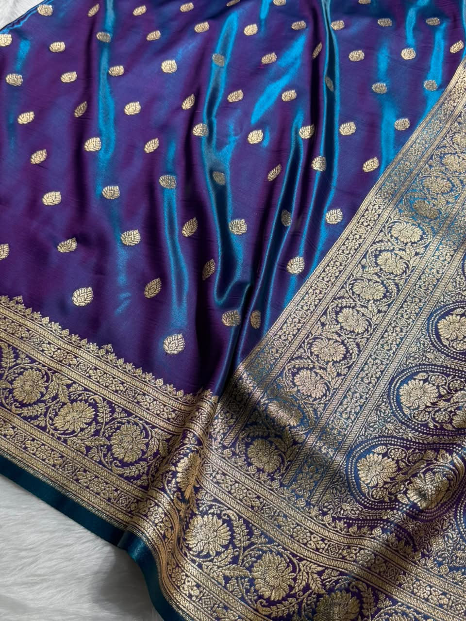 Cross Peacock Shades Boota Pattern Banarasi Satin Silk Saree SS45