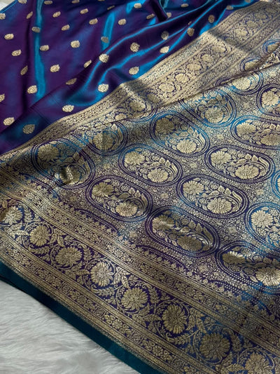 Cross Peacock Shades Boota Pattern Banarasi Satin Silk Saree SS45