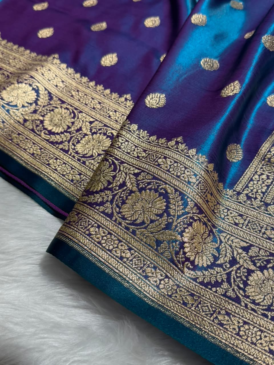 Cross Peacock Shades Boota Pattern Banarasi Satin Silk Saree SS45