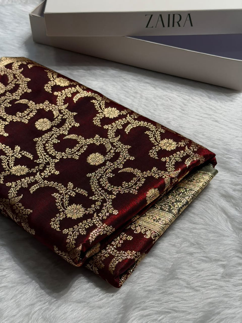 Maroon \ Grey Contrast Shades Jaal Pattern Banarasi Satin Silk Saree SS47