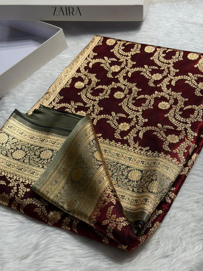 Maroon \ Grey Contrast Shades Jaal Pattern Banarasi Satin Silk Saree SS47