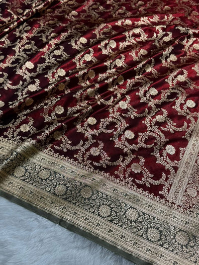 Maroon \ Grey Contrast Shades Jaal Pattern Banarasi Satin Silk Saree SS47