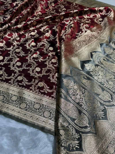 Maroon \ Grey Contrast Shades Jaal Pattern Banarasi Satin Silk Saree SS47