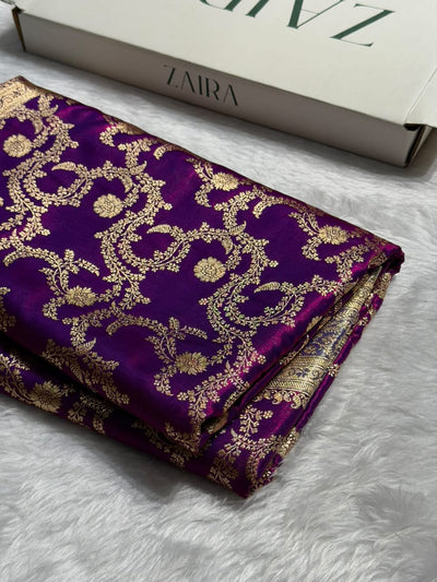 Cross Wine \ Lavender Contrast Shades Jaal Pattern Banarasi Satin Silk Saree SS47
