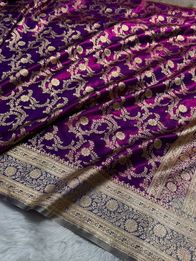 Cross Wine \ Lavender Contrast Shades Jaal Pattern Banarasi Satin Silk Saree SS47