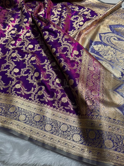 Cross Wine \ Lavender Contrast Shades Jaal Pattern Banarasi Satin Silk Saree SS47