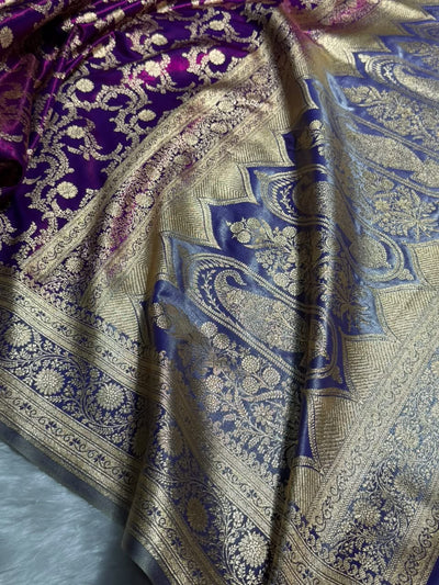 Cross Wine \ Lavender Contrast Shades Jaal Pattern Banarasi Satin Silk Saree SS47