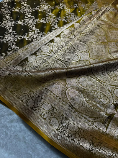 Mahendi Shades Jaal Pattern Banarasi Satin Silk Saree SS48