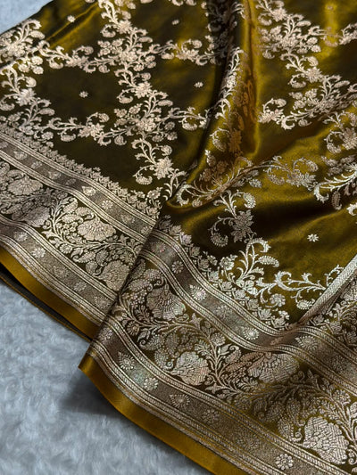 Mahendi Shades Jaal Pattern Banarasi Satin Silk Saree SS48