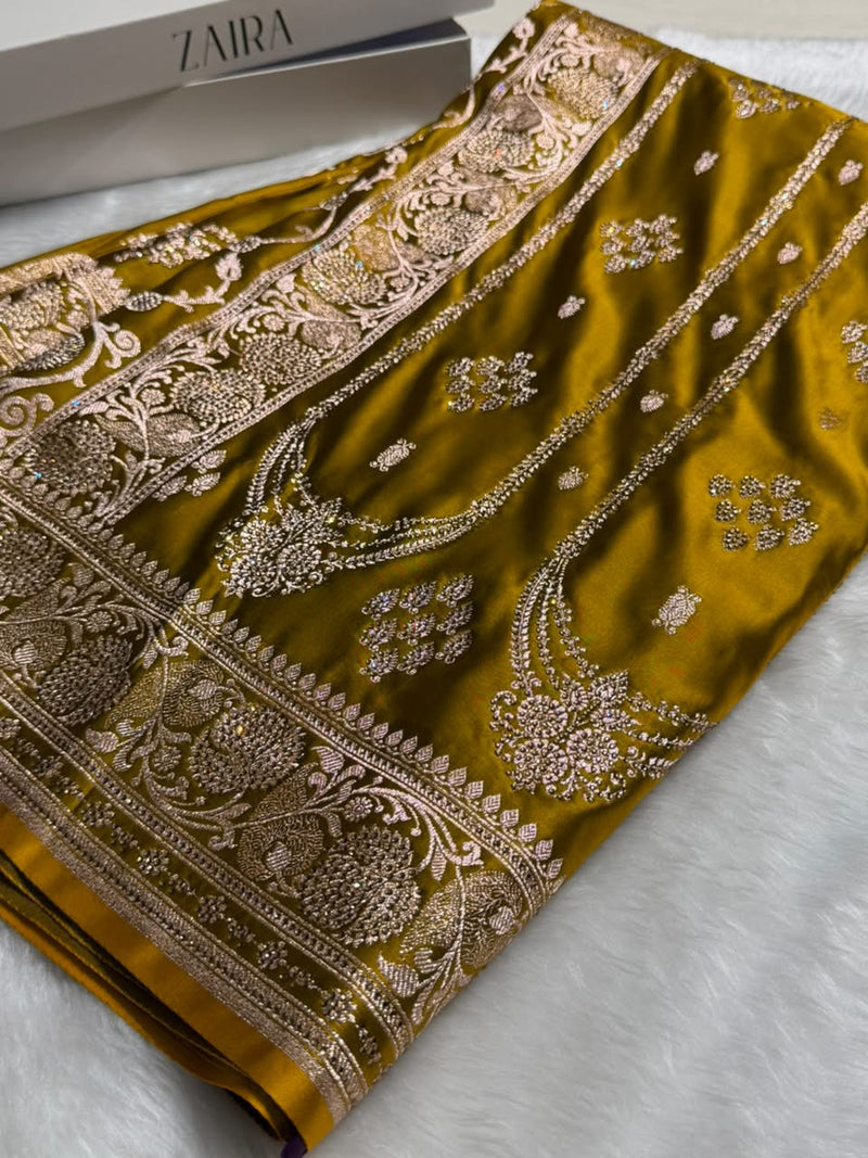 Mehendi Floral Boota Pattern With Bananas Swarovski Stone Work Satin Katan Silk saree BSK39