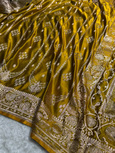 Mehendi Floral Boota Pattern With Bananas Swarovski Stone Work Satin Katan Silk saree BSK39