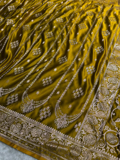 Mehendi Floral Boota Pattern With Bananas Swarovski Stone Work Satin Katan Silk saree BSK39