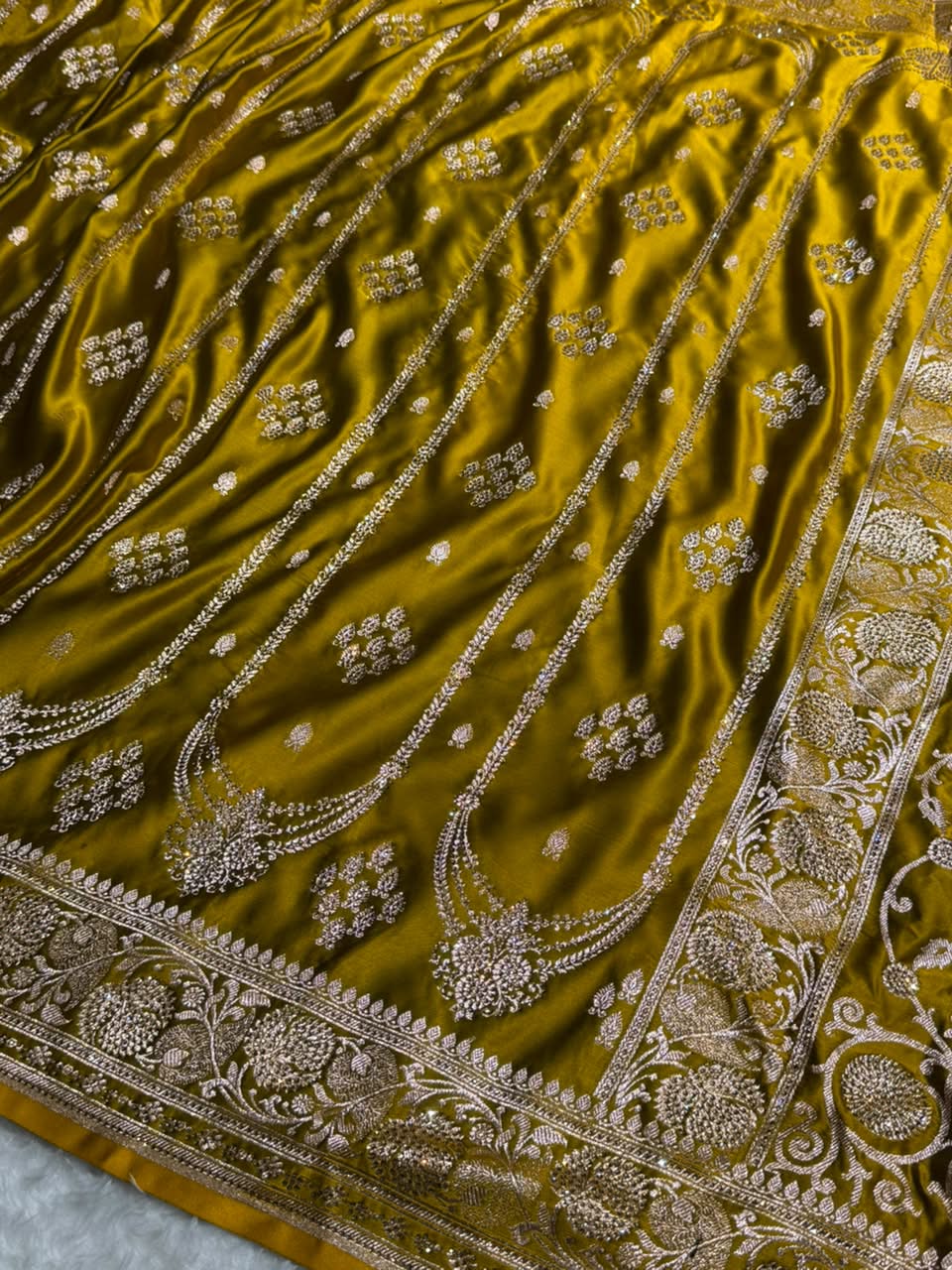 Mehendi Floral Boota Pattern With Bananas Swarovski Stone Work Satin Katan Silk saree BSK39