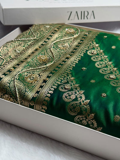 Banarasi Bottle Green Shades Cross Floral Pattern With Zardozi Work Satin Katan Silk Saree BSK79