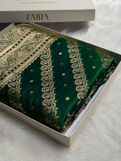 Banarasi Bottle Green Shades Cross Floral Pattern With Zardozi Work Satin Katan Silk Saree BSK79