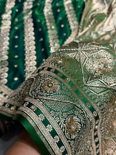 Banarasi Bottle Green Shades Cross Floral Pattern With Zardozi Work Satin Katan Silk Saree BSK79