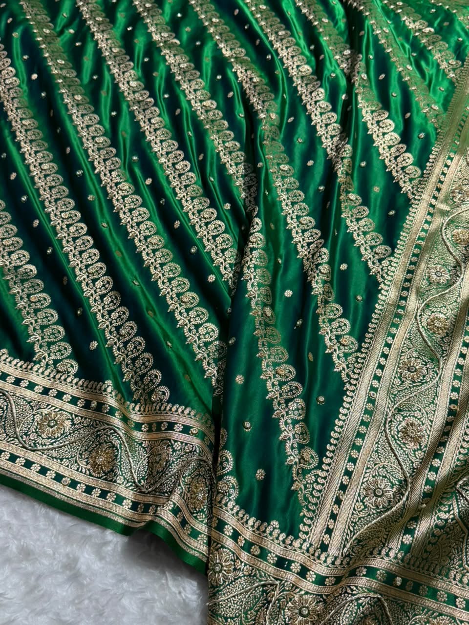 Banarasi Bottle Green Shades Cross Floral Pattern With Zardozi Work Satin Katan Silk Saree BSK79