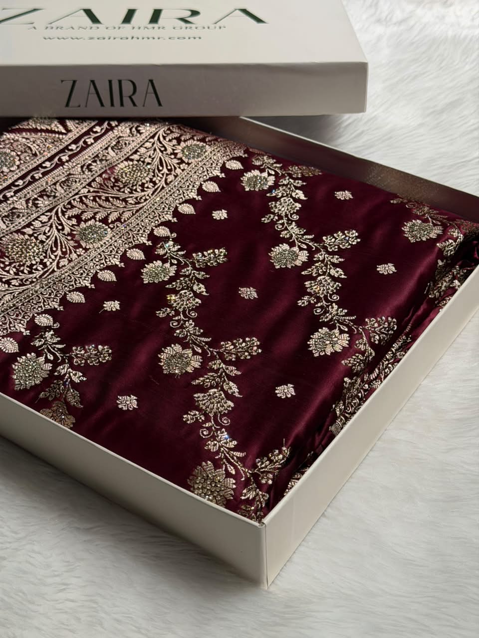 Deep Wine Cross & Booti Banarasi Ari & Zardozi Work Katan Silk Saree BSK24
