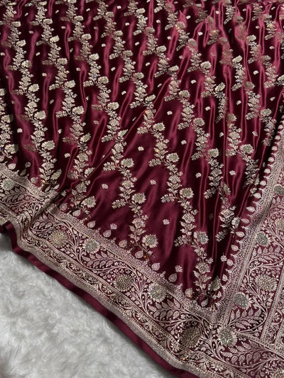 Deep Wine Cross & Booti Banarasi Ari & Zardozi Work Katan Silk Saree BSK24