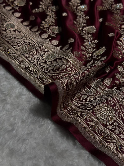 Deep Wine Cross & Booti Banarasi Ari & Zardozi Work Katan Silk Saree BSK24