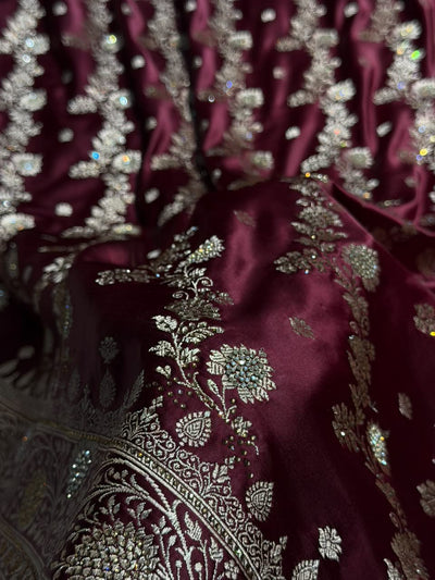 Deep Wine Cross & Booti Banarasi Ari & Zardozi Work Katan Silk Saree BSK24
