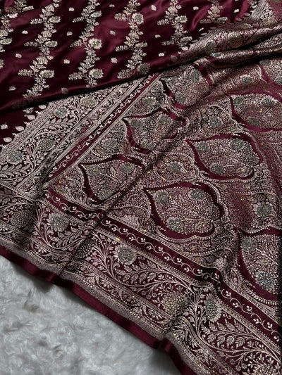 Deep Wine Cross & Booti Banarasi Ari & Zardozi Work Katan Silk Saree BSK24