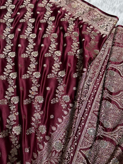 Deep Wine Cross & Booti Banarasi Ari & Zardozi Work Katan Silk Saree BSK24