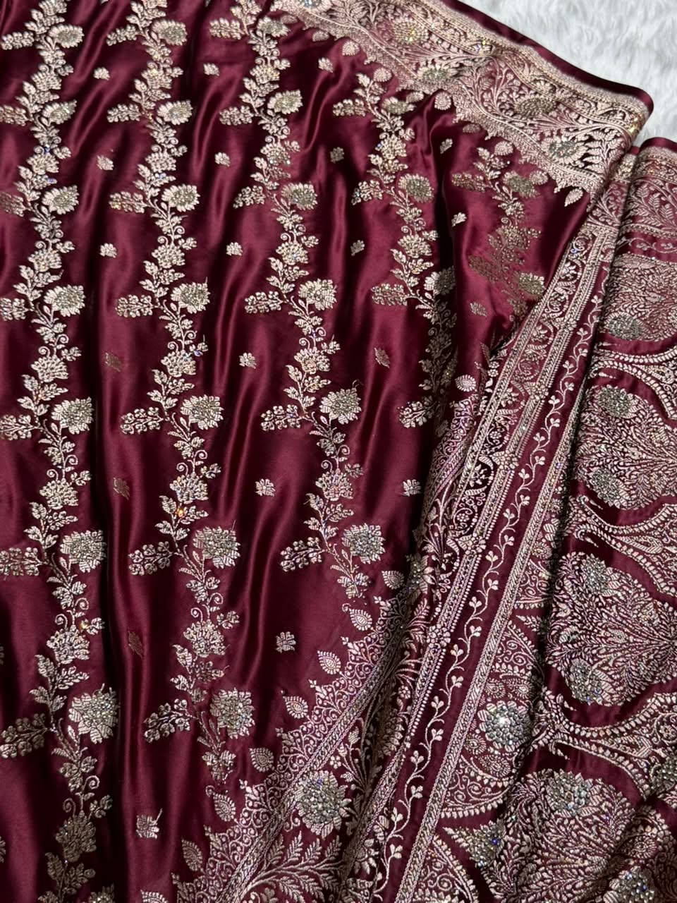 Deep Wine Cross & Booti Banarasi Ari & Zardozi Work Katan Silk Saree BSK24