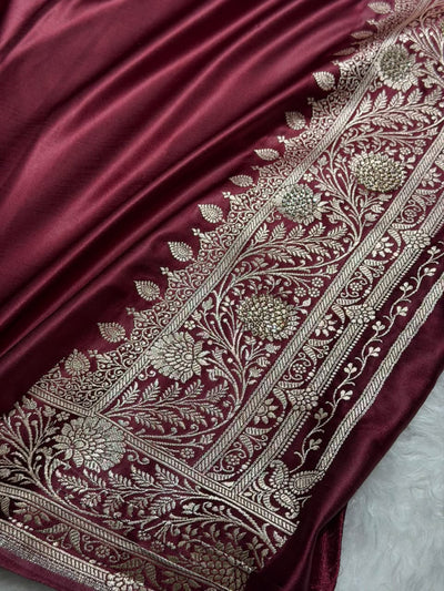 Deep Wine Cross & Booti Banarasi Ari & Zardozi Work Katan Silk Saree BSK24