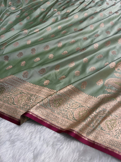 Floral boota Satin katan Silk Saree In Pista  Shades SK12